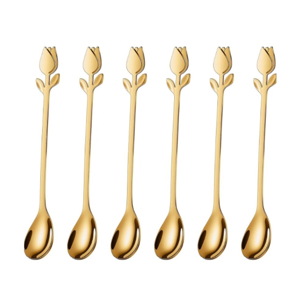 NEW 6pcs Tulip Gold Tone Stainless Steel Spoons